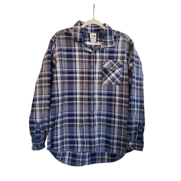 The North Face Blue Grey Plaid Flannel Long Sleeve Button Shirt, Women's Large - Picture 1 of 13